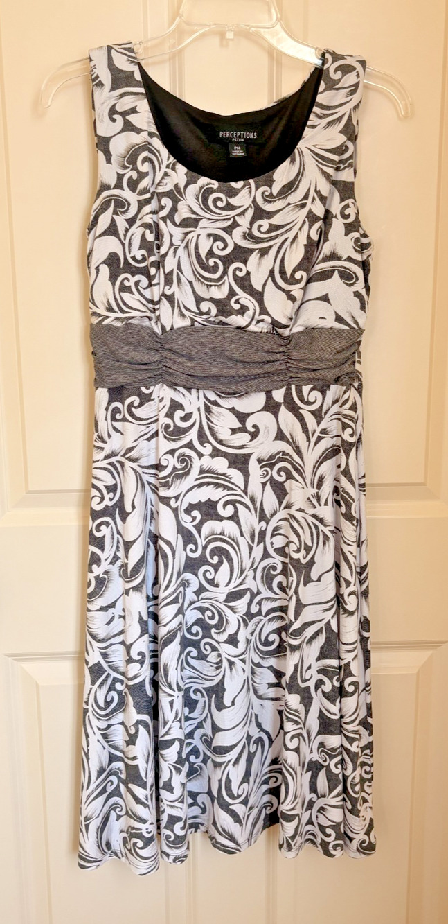 Perceptions Dress Medium Petite Career Sheath Gray White Stretch Party Knee Leng